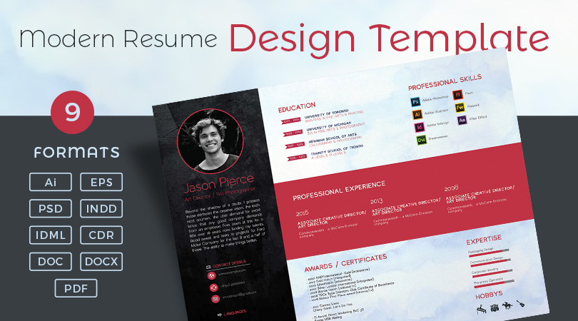 modern resume  cv  design template in psd  ai  eps  indd  cdr  doc  docx  u0026 pdf
