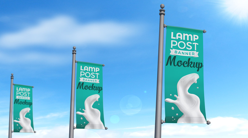 Download Realistic Lamp Post Banner Psd Outdoor Advertising Mockup With Custom Background PSD Mockup Templates