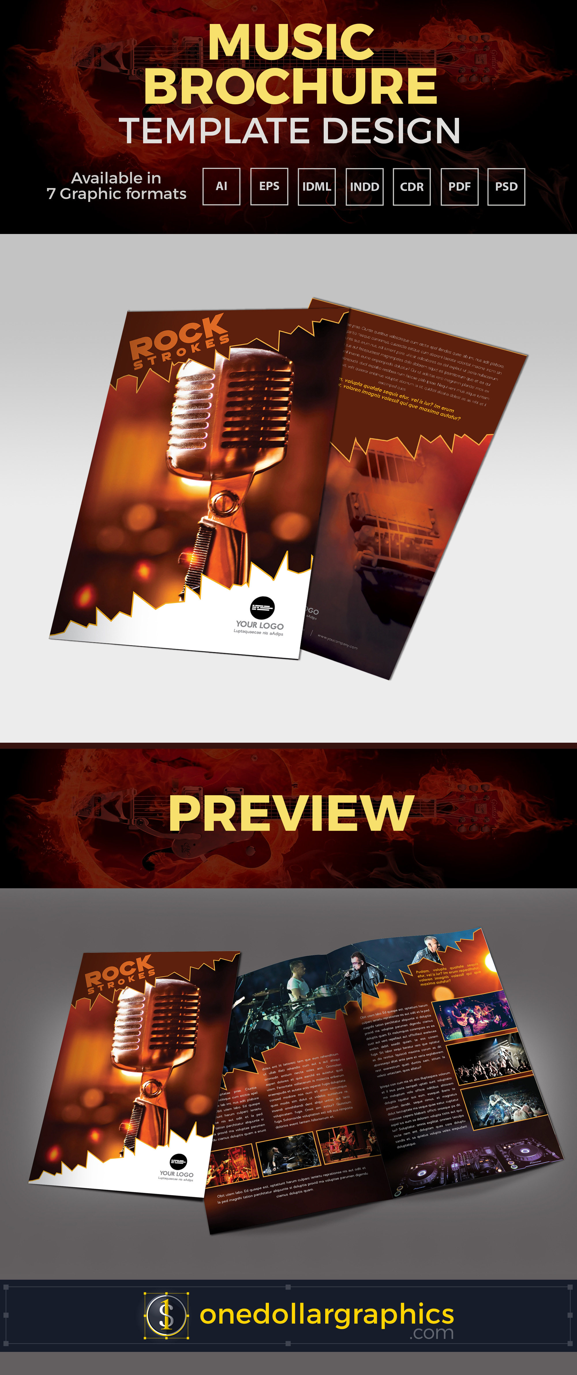 A4 Music Bi Fold Brochure  Template Design in Ai EPS CDR 